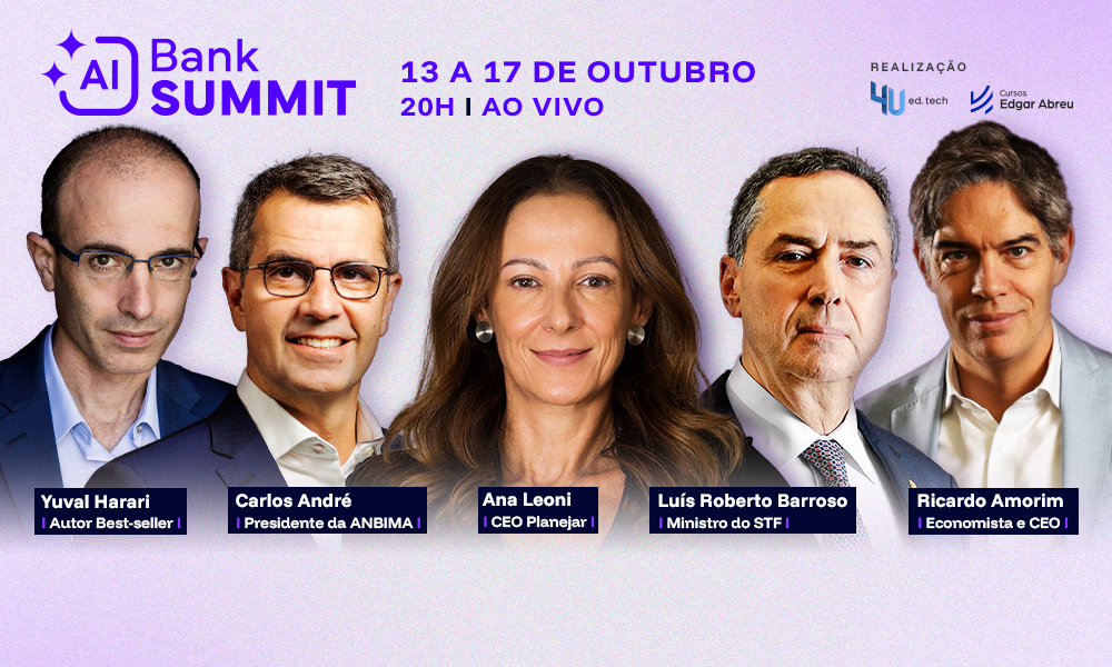 Palestrantes do AI Bank Summit: Yuval Harari, Carlos André, Ana Leoni, Luís Roberto Barroso e Ricardo Amorim