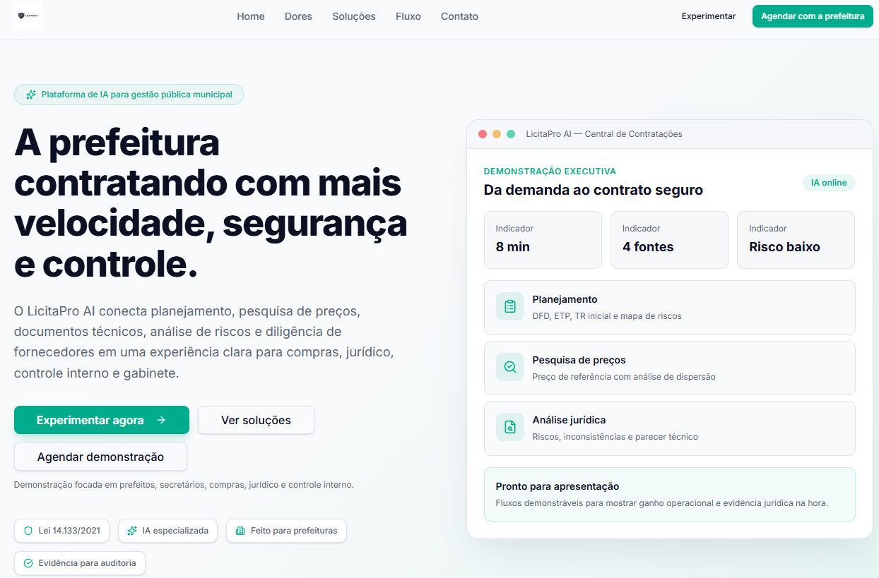 Plataforma Licita Pro AI — central de contratações para prefeituras